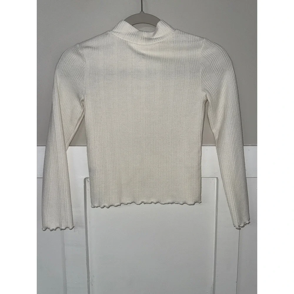 SO Girls Ribbed Mock Neck Long Sleeve Top Cream Lettuce Edge Size M 8